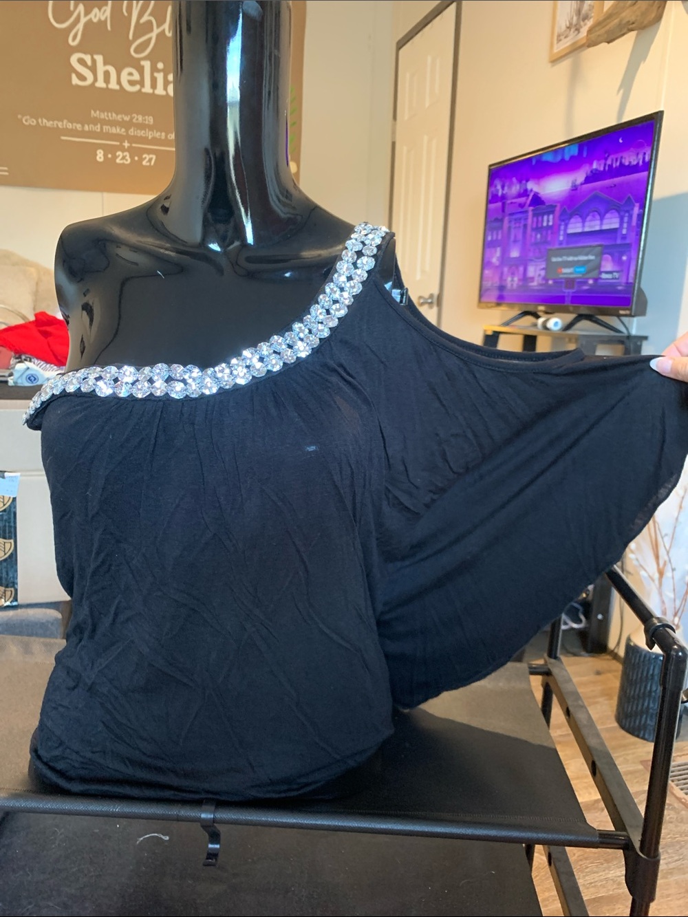 #132 Body Central Black One-Shoulder Top with Crystal Embellished Strap
